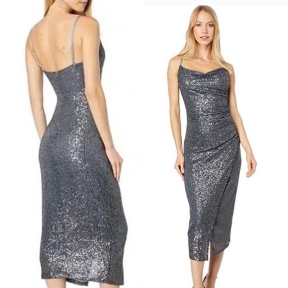 LAUNDRY by Shelli Segal Crowl Neck Sleeveless Sequin Dress,‎ Dark Grey - Picture 1 of 12